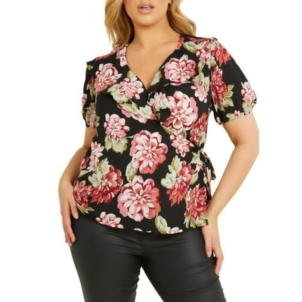 NWT QUIZ Women's Floral Print Surplice Neckline Wrap Blouse Top